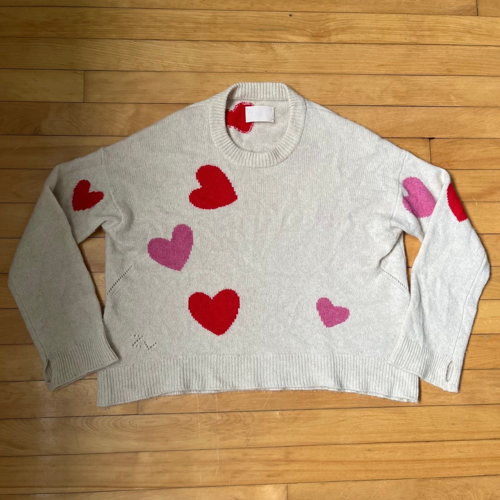 Zadig & Voltaire Cashmere Heart Sweater Oatmeal Beige Red Pink Cropped ZV Logo